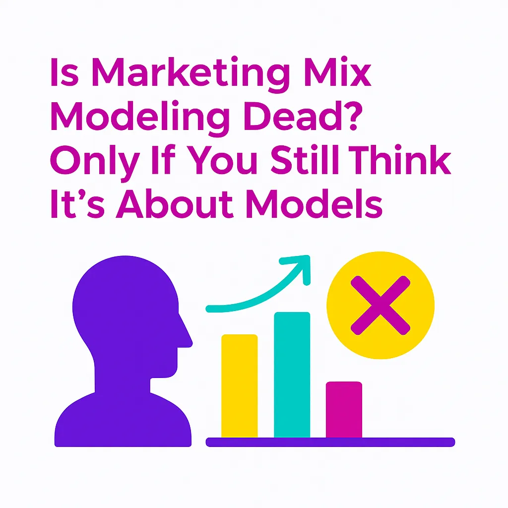 is-marketing-mix-modeling-dead Infographic titled “How to Start with Marketing Mix Modeling – Focus on Strategy Before Data,” showing four colored circular icons alongside labeled steps:</p>
<p>Define Your Key Questions (purple with checkmark icon)</p>
<p>Choose the Right KPIs (pink with bar‑chart icon)</p>
<p>Map External Variables (yellow with magnifying‑glass‑over‑cloud icon)</p>
<p>Determine Data Granularity (teal with hierarchical‑nodes icon)
