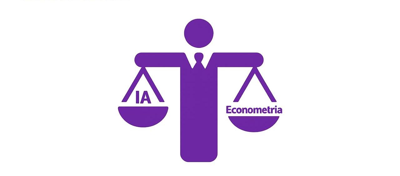 Ilustración de una balanza equilibrando IA y econometría representando un modelo MMM híbrido