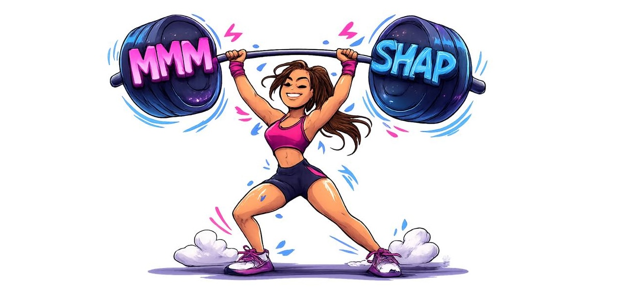 Ilustración de una persona levantando pesas con MMM y SHAP representando el uso conjunto en modelado de marketing