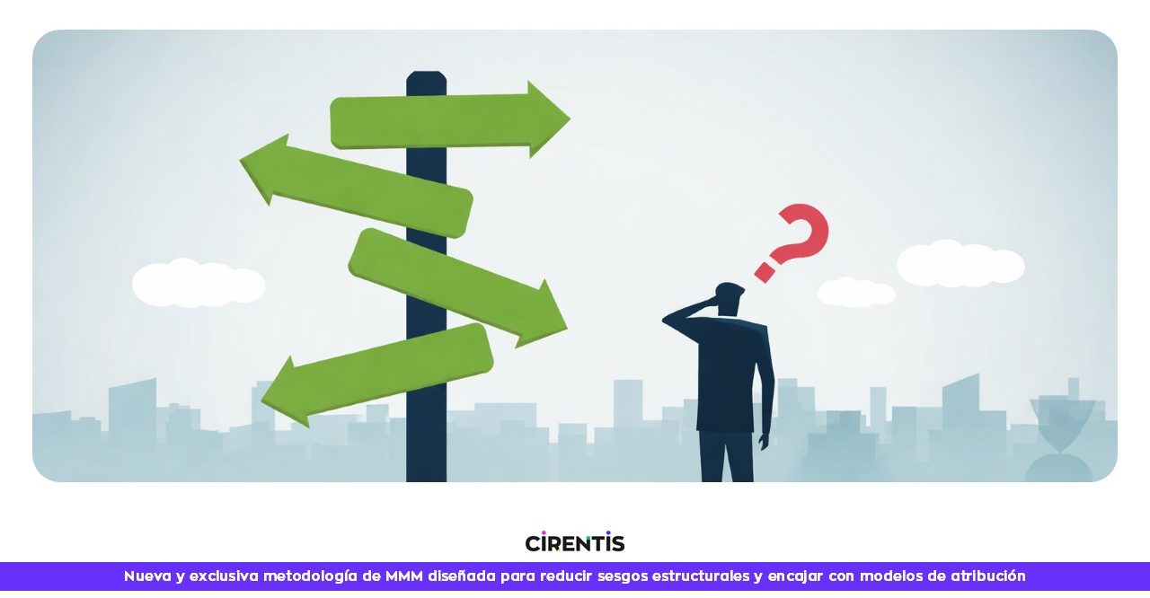 Persona frente a múltiples caminos eligiendo un modelo de marketing mix modeling