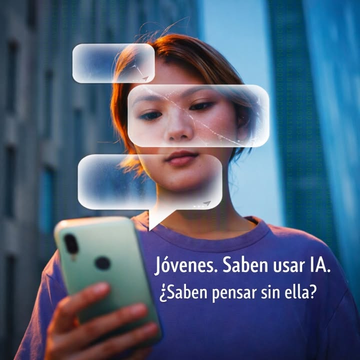 Persona joven usando el móvil con interfaz de IA y mensaje sobre dependencia tecnológica